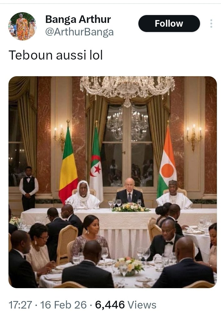 🤣🤣ARTHUR BANGALA🤣🤣
Pendant que la TL Africaine debat sur le sens du discours du President Tiani, notre nègre de maison, le Sir Arthur Bangala ne trouve rien d'autre que de publier une fausse photo IA d'un diner reuinissant les Presidents Tebboune et Tiani avec le chef