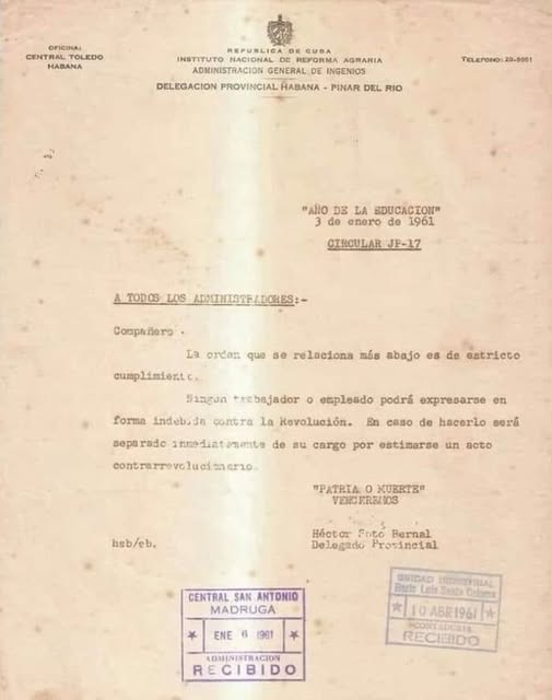 Una imagen que he publicado antes.

Circular de la Administración General de Ingenios, delegación provincial Habana-Pinar del Río, 3 de enero de 1961.

A todos los administradores:

Compañero,

La orden que se relaciona más abajo es de estricto cumplimiento.

Ningún trabajador o