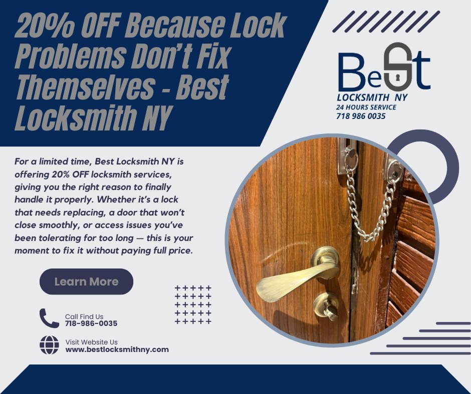 BestLocksmithNY's tweet photo. 20% OFF on All Locksmith Services
Valid 17 Feb - 24 Feb
One service call. One solid solution. Twenty percent lighter on the bill. Best Locksmith NY where getting it done right still matters.
(718) 986-0035
https://t.co/nk14HjCNMT
#locksmith #locksmithnearme #locksmithservices https://t.co/yP5biERKi7