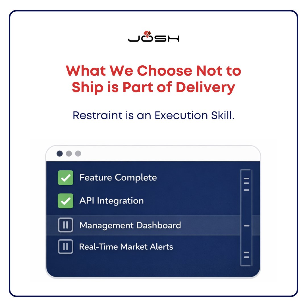 joshsoftware's tweet photo. Restraint is not hesitation for us. It’s a deliberate decision based on impact, readiness, and long-term system health.

Because sometimes the best thing you can ship...is the decision not to.

#DeliveryDiscipline #EngineeringJudgment #BuildResponsibly #JoshSoftware https://t.co/XEr99W8eKh