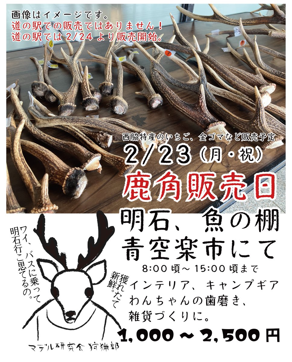 今年も人気の販売日「鹿角販売日」。2/23明石魚の棚の青空楽市にて。8