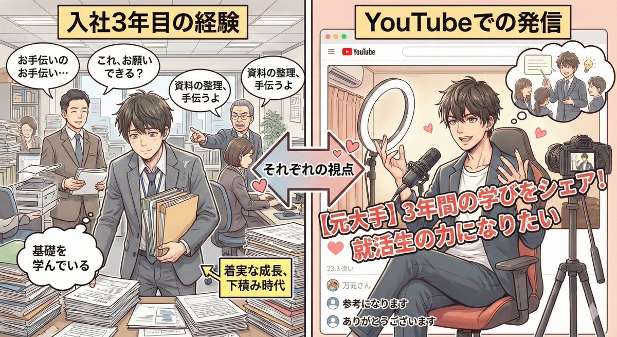 社会人10年ぐらいしてて感じるのだけど、良く大手企業を3年ぐらいで退職した人がYoutubeで元職場を語るのに凄く違和感を感じる。実際に大手で働いてみると3年程度の若手はお手伝いのお手伝いぐらいの仕事しかさせてもらえてないのが実態。決して就活生に仕事を語れるようなレベルではない。