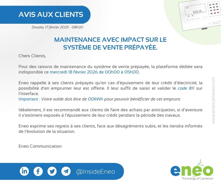 InsideEneo's tweet photo. #InfoClient | Chers clients, pour des raisons de maintenance du système de vente prépayée, la plateforme dédiée sera indisponible ce mercredi 18 février 2026 de 00h00 à 05h00.

ℹ️ Lisez plus ici 👇 https://t.co/GQfa5JucJ2