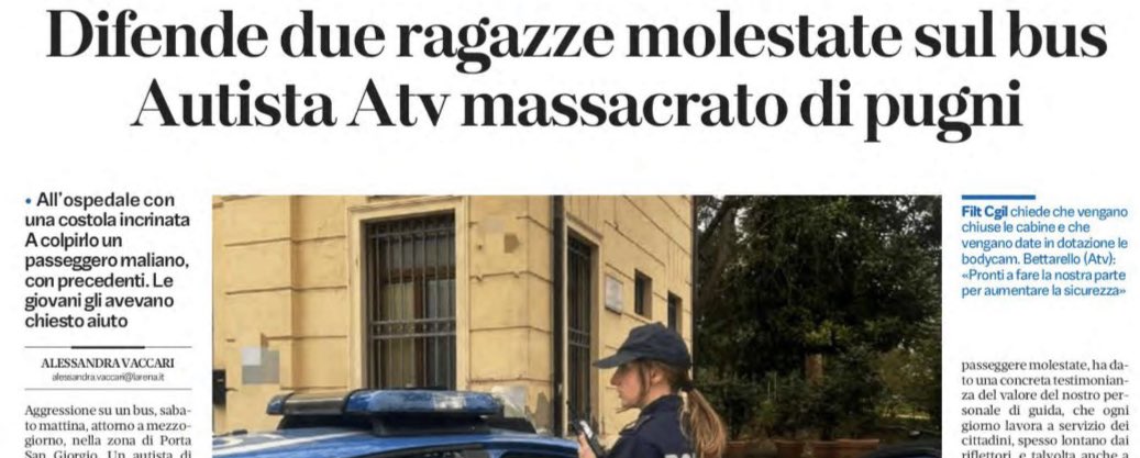 Ennesimo caso di autista/controllore picchiato da un immigrato 

Verona, per difendere due ragazze molestate su un autobus da un maliano (con precedenti per reati contro la persona), un autista è stato massacrato di botte.

Il maliano sarà in carcere?
Ma figuriamoci!

Un giudice