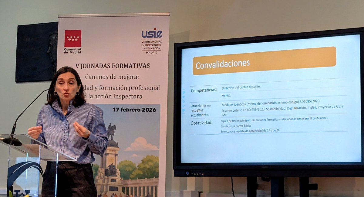 M. Luisa Domínguez, JA FP Madrid informa de que hay situaciones no resueltas en el tema de las convalidaciones por incongruencias entre lo que señala el RD 659/2023 y lo que establece el.RD 1085/2020. La optatividad no se convalida pero si se prevé un reconocimiento #USIEMadrid
