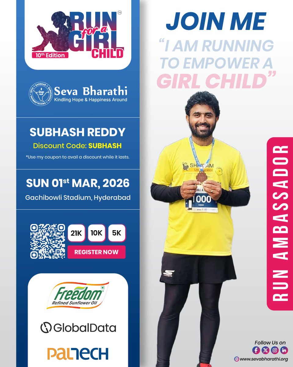 sevabharathitg's tweet photo. Excited to welcome Subhas Reddy as an Ambassador for the 10th Edition of RFGC!

Join the run that empowers young girls!

Register: https://t.co/qYelhxauqY
Use code SUBHASH for discounts.

#RFGC10 #SevaBharathiTelangana #RunAmbassador
@globaldataplc @FreedomOil_In https://t.co/KHN3RHEFHs