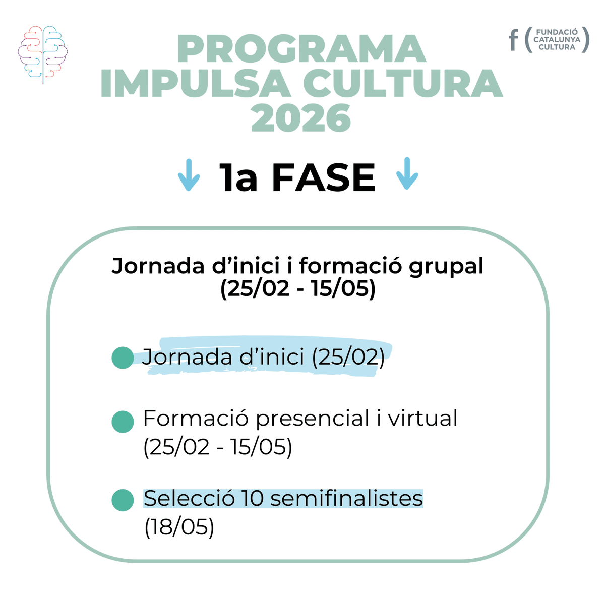 fcatcultura's tweet photo. 📝Et vas inscriure al #ProgramaIMPULSACULTURA 2026❓El Comitè d'Avaluació ja ha seleccionat els projectes que participaran en la 1a fase del Programa 👉 https://t.co/iB5dJS8jjZ
👏 Enhorabona ! Prepareu-vos per viure una experiència apassionant i transformadora 🚀 https://t.co/6dP6doZySO