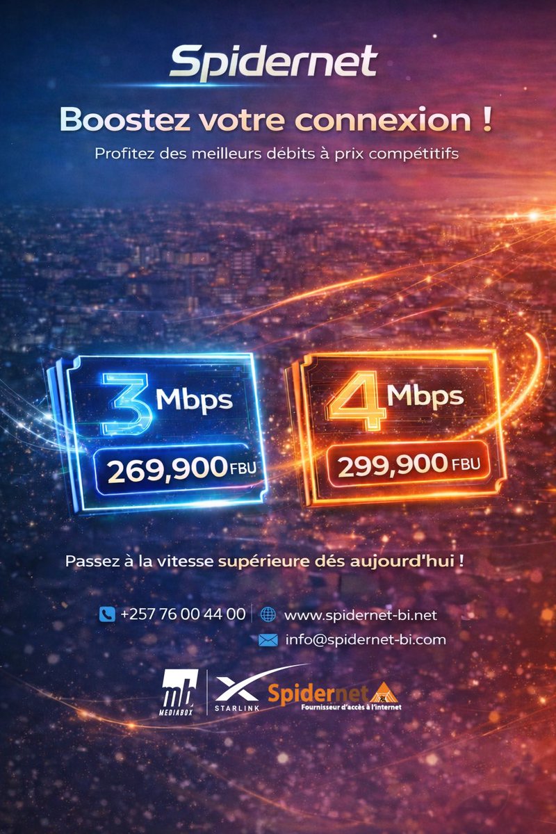 Spidernetbdi257's tweet photo. Le temps mérite d'être respecté. ⏳
Avec #Spidernet, la lenteur n'est plus une option. Seulement de la performance, de la fluidité, de l'efficacité.
🔥 Offres exclusives :
3 Mbps - 269 900 FBU
4 Mbps - 299 900 FBU
📞 +257 76 00 44 00
#Burundi #ConnexionHautDeGamme https://t.co/fv5iddqmsO