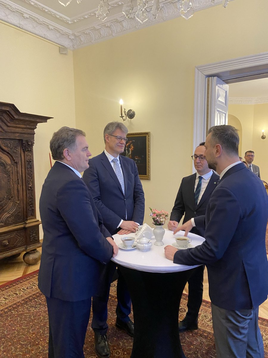 Amb_Berger's tweet photo. The first #WeimarTriangle of Ministers of Transport in Warsaw, joined by Defense Minister @KosiniakKamysz. Ministers underlined the critical importance of transport infrastructure for military mobility, but also the protection from increased hybrid threats. https://t.co/bpBKcvSy7X