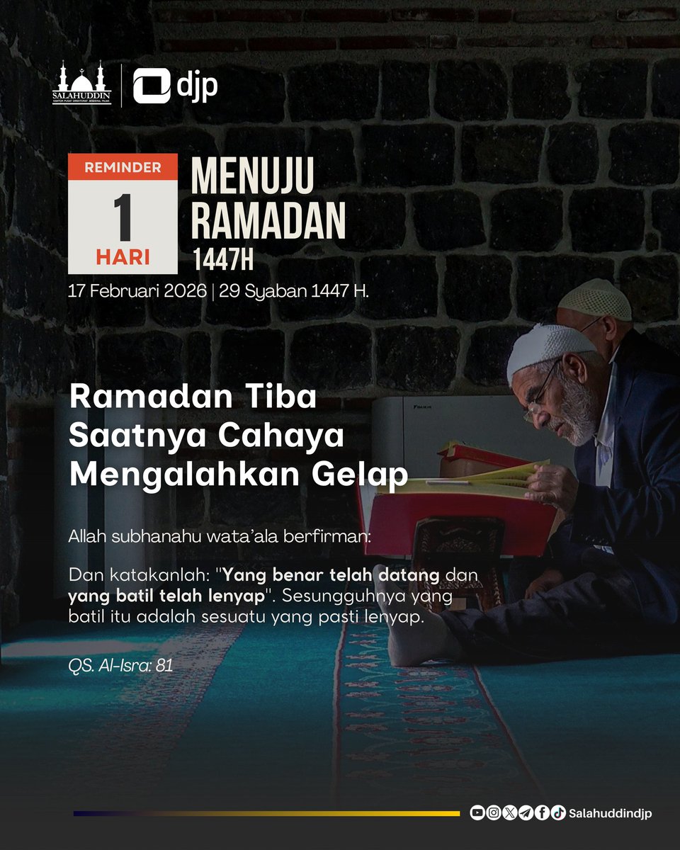 “Dan katakanlah: Kebenaran telah datang, dan yang batil telah lenyap...” (QS. Al-Isra’: 81)

Ramadan bukan sekadar pergantian bulan.
Ia adalah datangnya cahaya — dan cahaya tak pernah berdamai dengan gelap.
#1HariMenujuRamadan #salahuddindjp