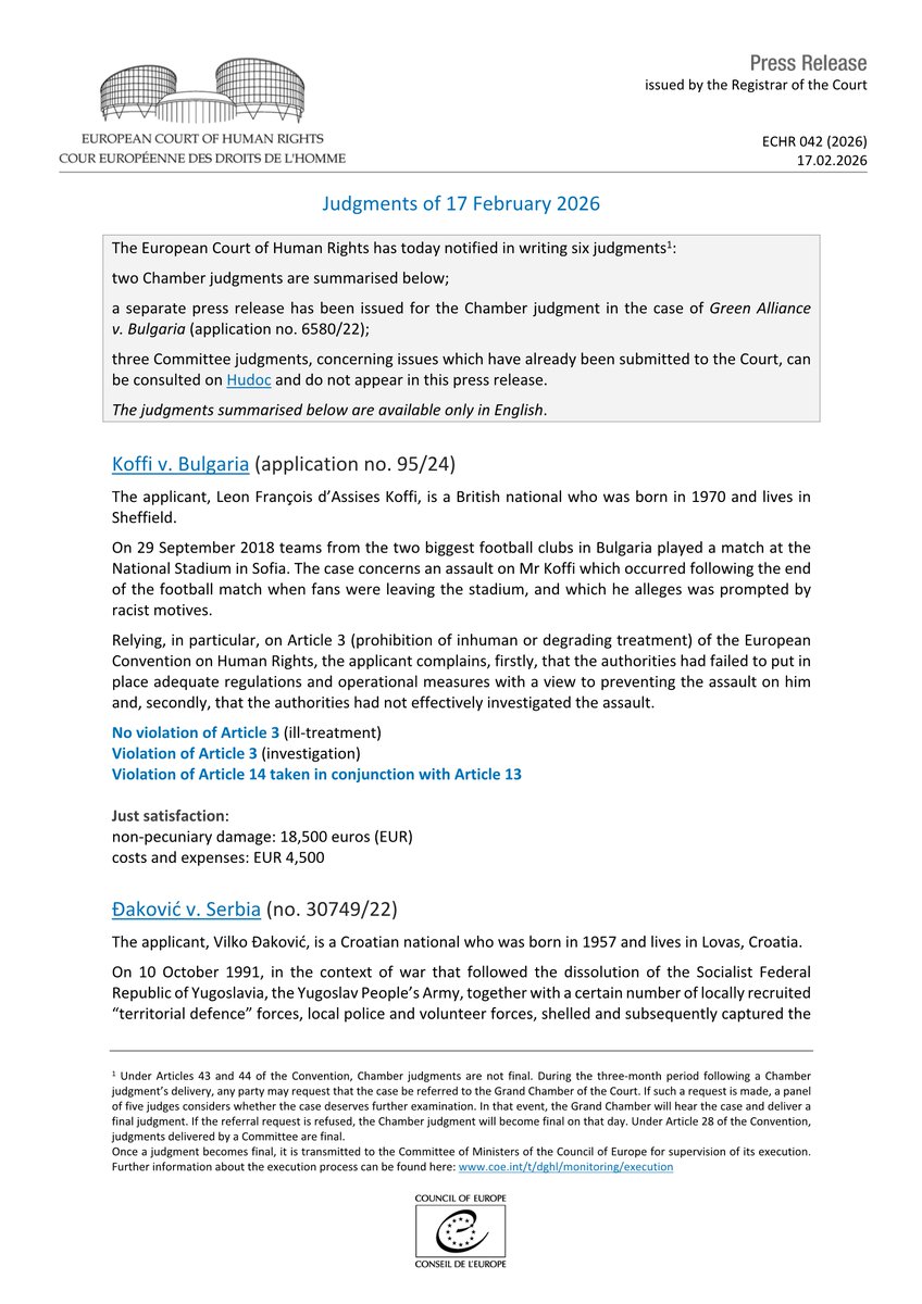 ECHR_CEDH's tweet image. Judgments of 17.02.2026
hudoc.echr.coe.int/app/conversion…
#ECHR #CEDH #ECHRpress