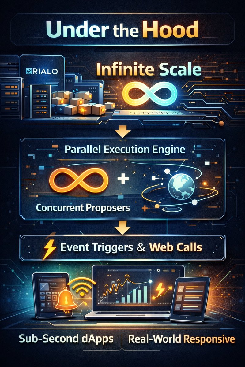 OnoriemuB's tweet image. Under the Hood: @RialoHQ 's parallel execution engine and concurrent proposers deliver infinite scale. Combine this with native event triggers and web calls. The result? Sub-second, real-world responsive dApps that users will love. #Web3 #Scale