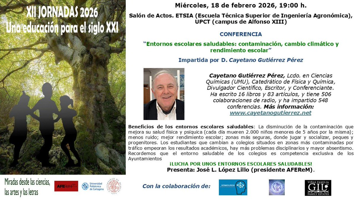 🌱Entornos escolares saludables: contaminación, cambio climático y rendimiento escolar
👉 Miércoles 18 de febrero, 19:00h
👉 Salón de actos ETSIA,  Cartagena 
😍Impartido por <a href="/disfrutalacienc/">disfrutalaciencia</a> Cayetano Gutiérrez Pérez