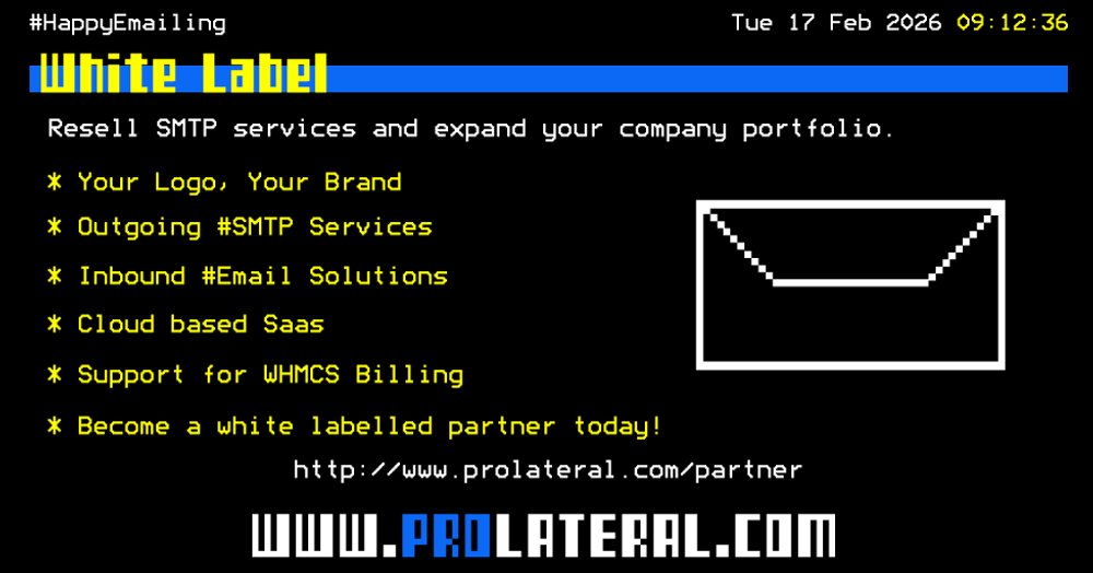 prolateral's tweet photo. Resell #Email &amp; #DNS Services and expand your portfolio.

- Your Logo, Your Brand
- Your revenue
- Outgoing #SMTP Services
- Inbound #Email Solutions
- Cloud based Saas
- #WHMCS provisioning module available

#ITSupport #ITServices #MSP #WebDesigner #Hosting #B2B https://t.co/AIH0MaiOHP