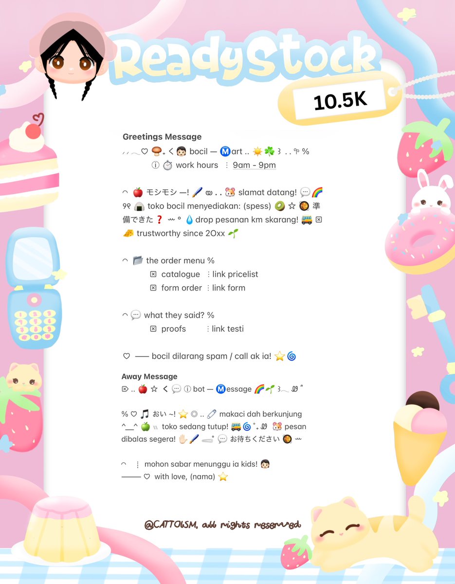 ⣠ ︵  ♥︎  help repost?  tysm <3 ⭐️🎀  𓂅

◠  ⢸⠀ alline ada 2  bundle wording  greetings  &amp;  away  message  ready  stock. . 🎶🍏  𓂃 . εїз   hanya  1O.5k .ᐟ.ᐟ  >___%   💬👧🏻   ▷  ketuk  DM  sekarang. . ✋🏻 ₊˚𓂂

☆ —— tap alt for details! . . 🐈💧
zonauang  %  zonajajan  %