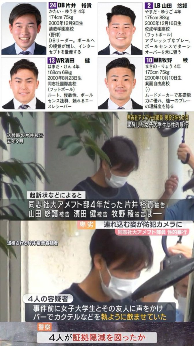 duylv197's tweet photo. 過去事例  
日大アメフト部、大麻使用で逮捕 
↓ 
「大変な事件が起きました、申し訳ありません。我が校は廃部とする方針で…」

  同志社アメフト部、集団強姦で逮捕 
↓ 
「事件から3ヶ月経ったし活動再開します‼️ボランテ https://t.co/okCqVCz5BV