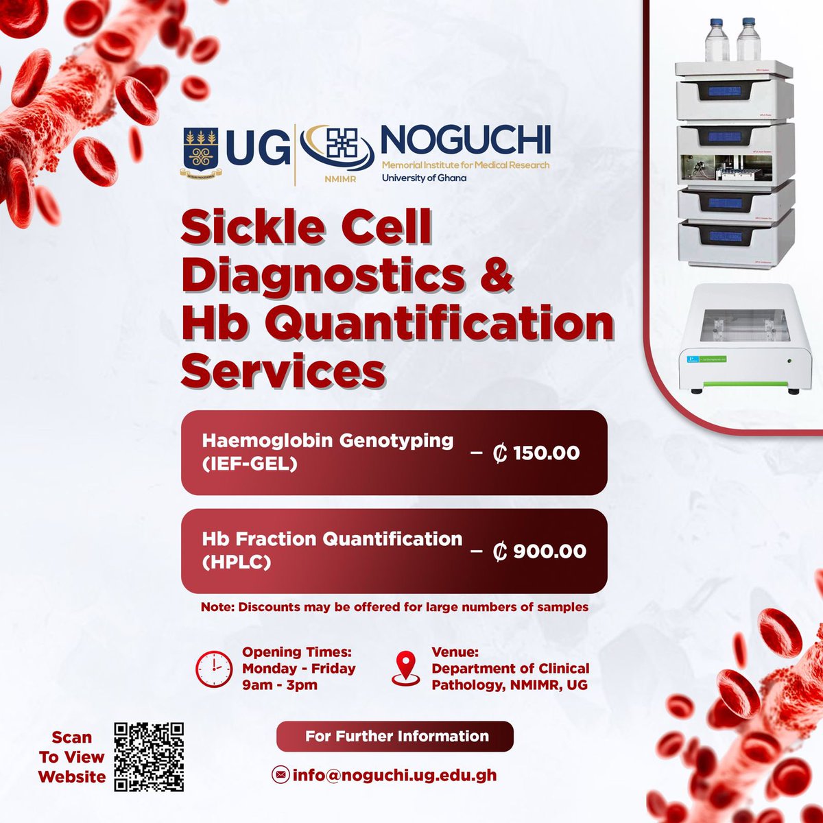 Sickle Cell Diagnostic Services.
Know your genotype, plan with confidence.

<a href="/nmimr_ug/">Noguchi Memorial Institute for Medical Research</a> Sickle Cell Diagnostic Services offer reliable genotype testing  to help individuals, families, and clinicians make informed health and reproductive decisions.

Visit = noguchi.ug.edu.gh/services/sickl…