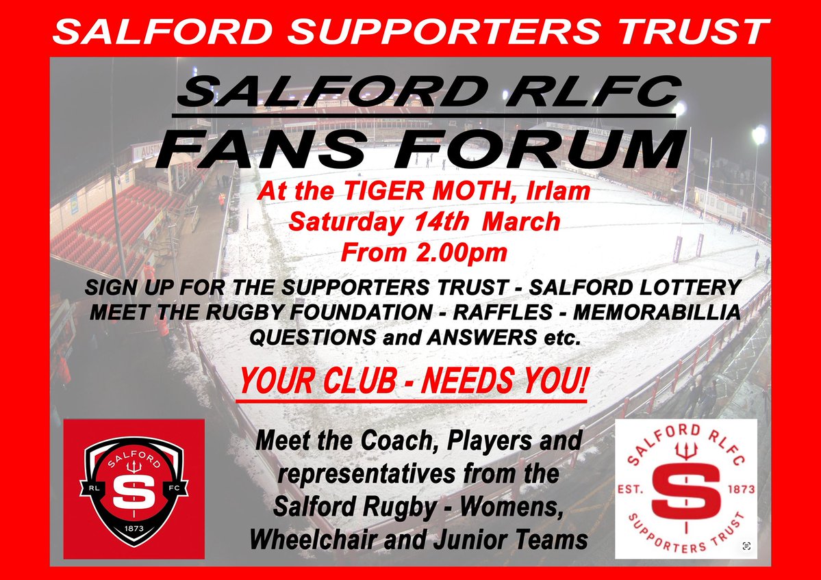 <a href="/SalfordRLFC_ST/">Salford RLFC ST</a>  are having a fans forum at the Tiger Moth Irlam come &amp; join us &amp; speak to the coach Mike Grady &amp; his assistant Dave Hewitt amongst guests &amp; Danny Barton from Foundation 
Raffle on the night &amp; Im sure lots of banter to be had 👹