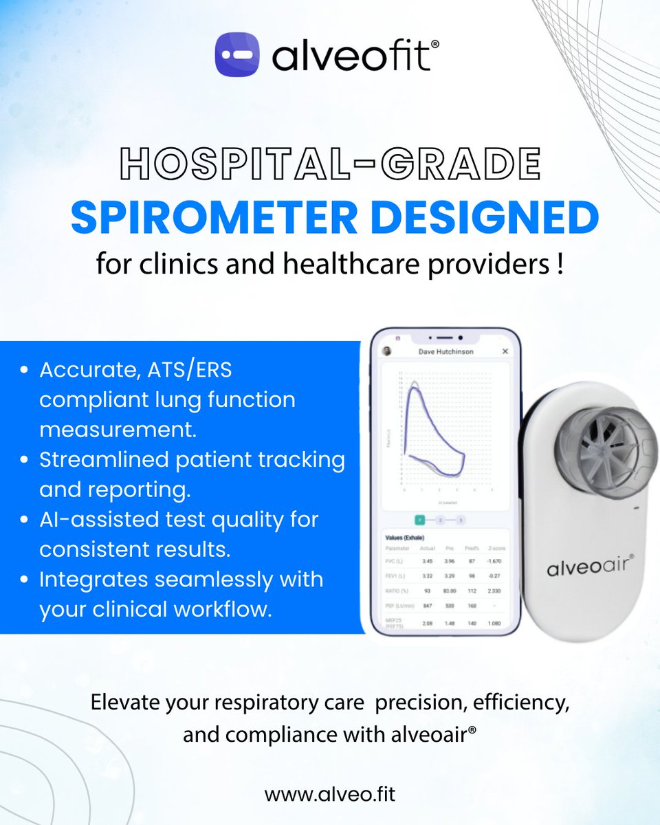 alveofit's tweet photo. #alveofit® delivers hospital-grade #spirometry with AI-assisted accuracy, seamless workflow, and smarter patient tracking-empowering better #clinical decisions.
#HealthcareProviders #Pulmonology #RespiratoryTherapy #PatientCare #ClinicalExcellence #MedicalPractice  #DigitalHealth https://t.co/U7NMHKLGMl