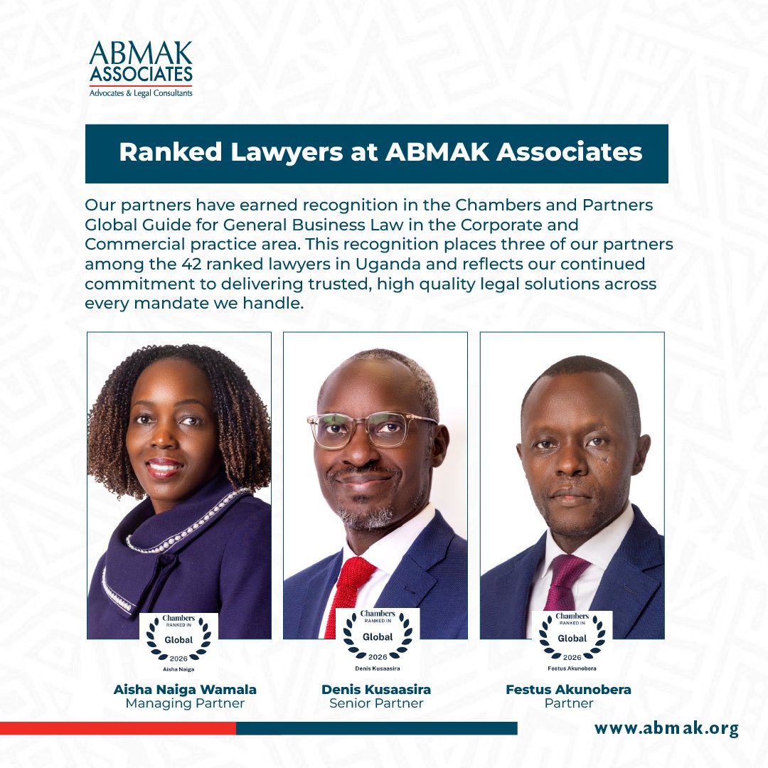 Our Partners- <a href="/anaiga256/">Aisha Naiga Wamala</a> , <a href="/DenisKusaasira/">Denis Kusaasira</a>  and <a href="/FAkunobera/">FESTUS Akunobera</a> have been recognised in the Chambers &amp; Partners Global Guide for General Business Law (Corporate &amp; Commercial), ranking among Uganda’s top 42 listed Lawyers.

We congratulate them upon this incredible achievement!