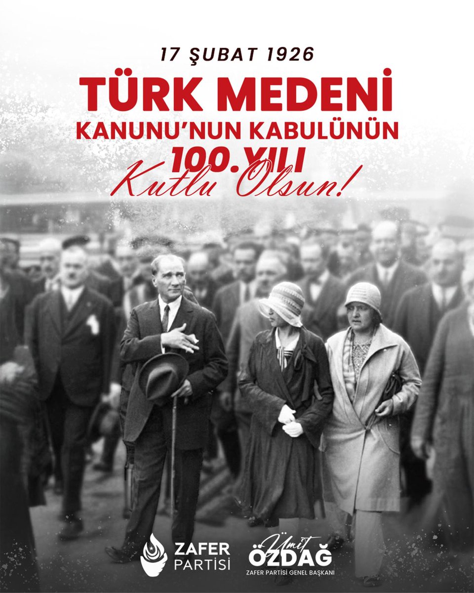 Türk milletinin çağdaş devlet iradesinin ve millî egemenliğinin en somut tezahürlerinden biri olan Türk Medeni Kanunu’nun kabulünün 100. yıl dönümünü gururla selamlıyoruz.
Bu kanun; ümmetçi, feodal ve geri anlayışlara karşı Türk milletinin kendi kaderine sahip çıkışının hukuk