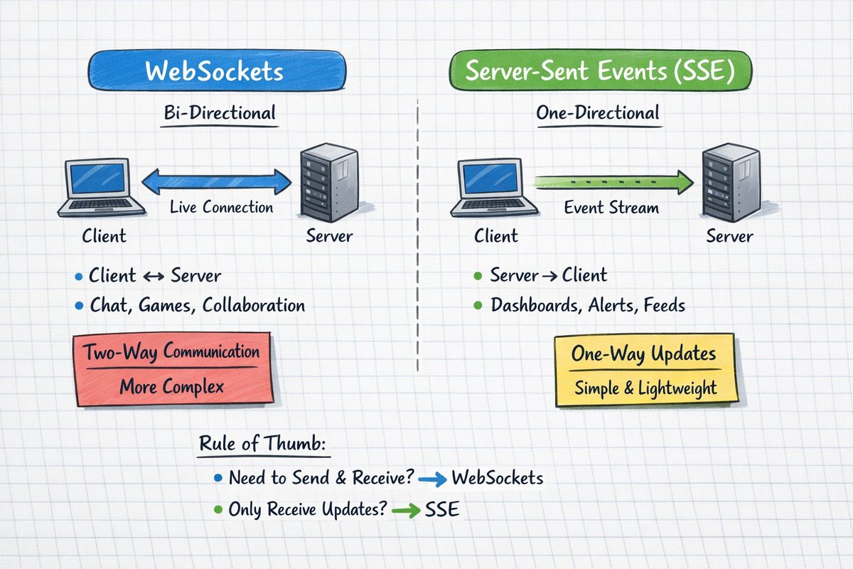 hookvm's tweet image. Real-time apps confuse a lot of developers.

What’s the difference between WebSockets and Server-Sent Events (SSE)?
And when should you use which?
Let’s break it down simply 👇

🔌 WebSockets

WebSockets create a persistent, bi-directional connection between client and server.