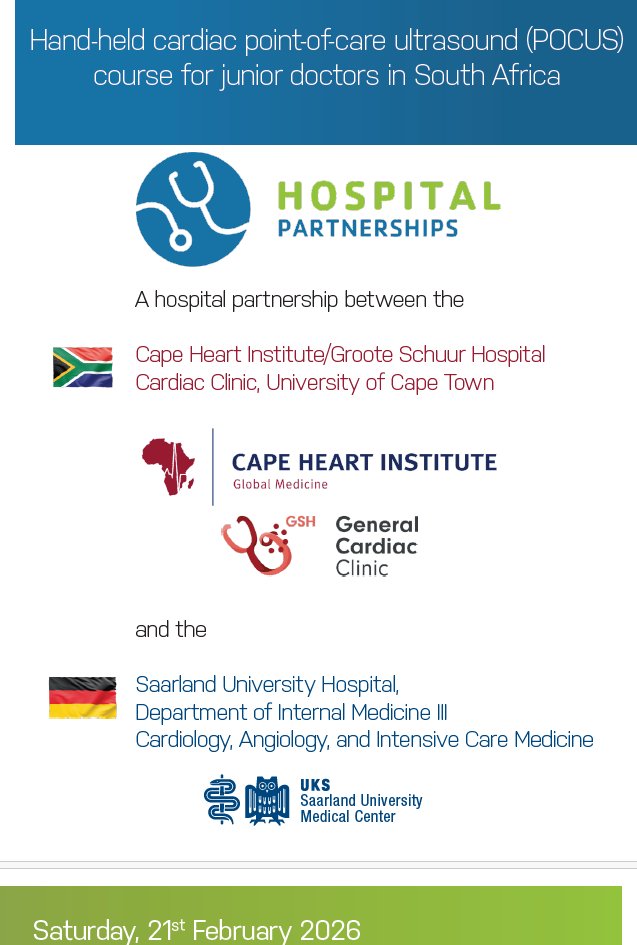 CHI_UCT's tweet photo. We are pleased to invite you to join an exciting course offered through a unique partnership between the Cape Heart Institute/Groote Schuur Hospital Clinic and the Saarland University Hospital in Homburg, Germany. More: https://t.co/kbogbIDUxH https://t.co/YlyiJ26Djt