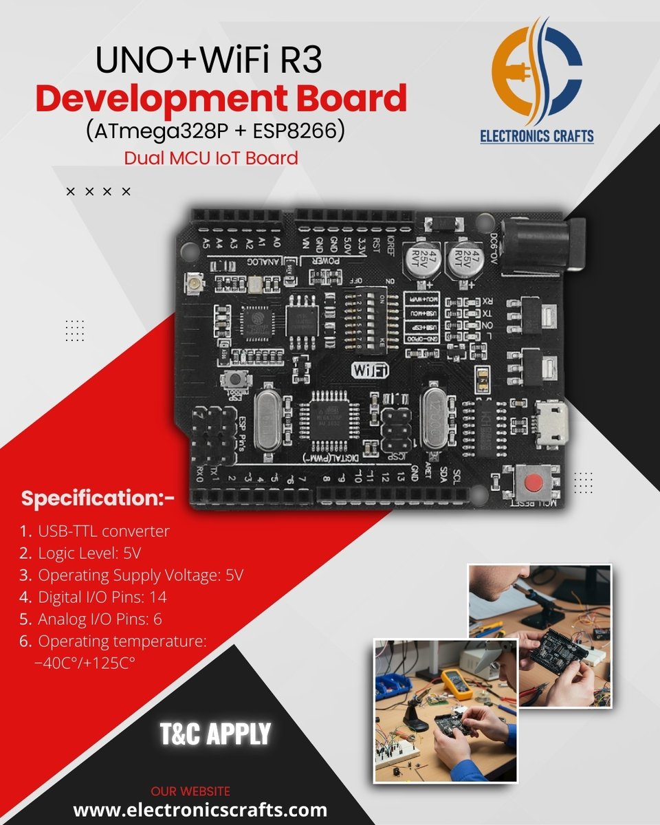 ElectronicsCraf's tweet photo. Build smarter projects with the UNO + WiFi R3 Development Board (ATmega328P + ESP8266). This powerful dual MCU IoT board combines classic Arduino performance with built-in WiFi capabilities
#ElectronicsCrafts #UNOWiFiR3 #ATmega328P #ESP8266 #IoTBoard #ArduinoCompatible https://t.co/DngtAL2DaJ