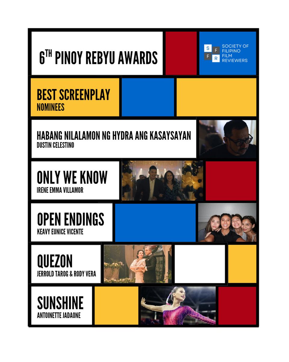 The nominees for BEST SCREENPLAY are: 

Habang Nilalamon ng Hydra ang Kasaysayan (Dustin Celestino)
Only We Know (Irene Emma Villamor)
Open Endings (Keavy Eunice Vicente)
Quezon (Jerrold Tarog &amp; Rody Vera)
Sunshine (Antoinette Jadaone)