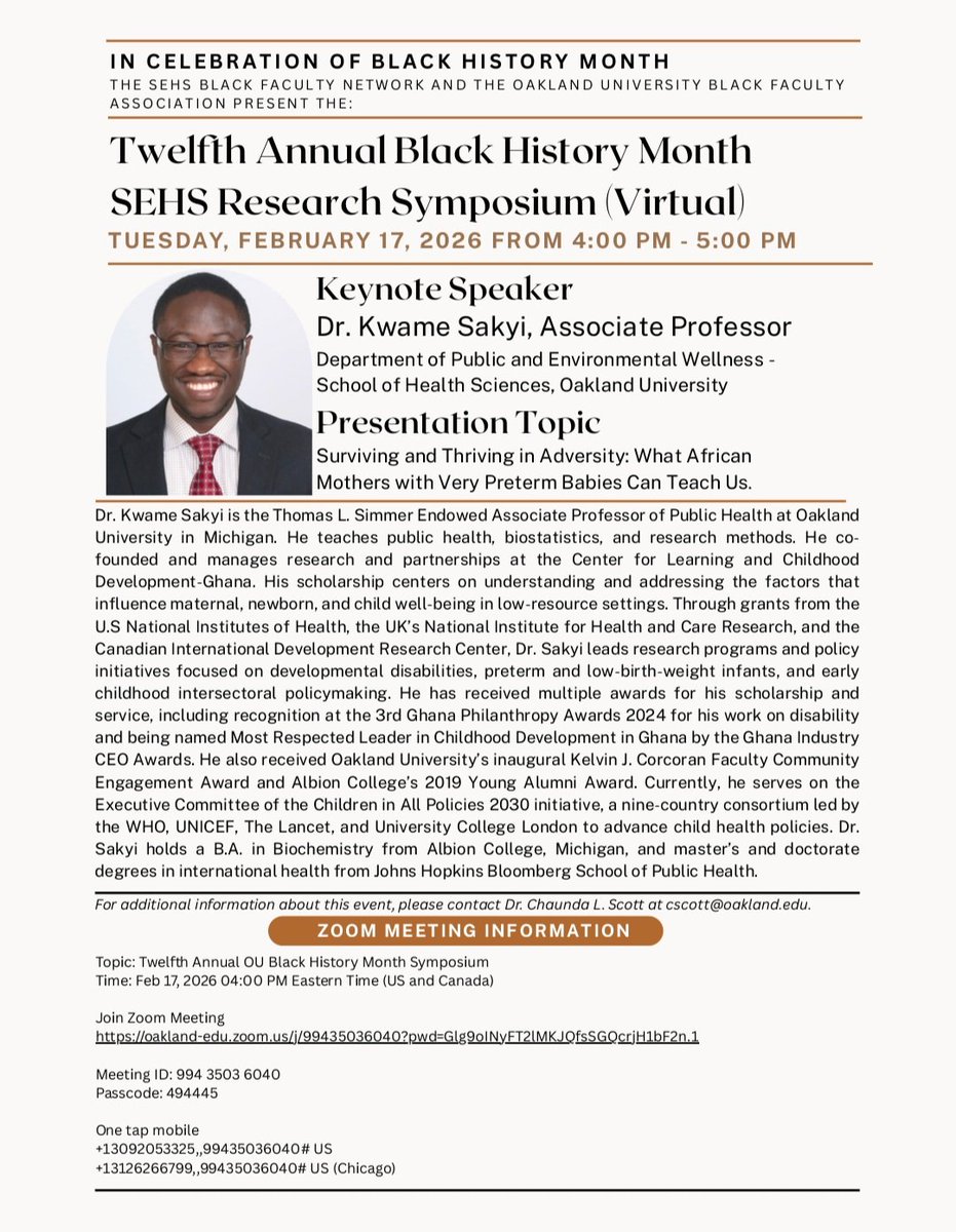 Join us today for the 12th Annual Black History Month SEHS Research Symposium!

🗓 Tuesday, Feb 17, 2026
🕓 4:00 PM – 5:00 PM ET (9:00 PM – 10:00 PM GMT)
✨ Be part of this inspiring virtual event celebrating Black History Month! Hear from keynote speaker Dr. Kwame Sakyi.