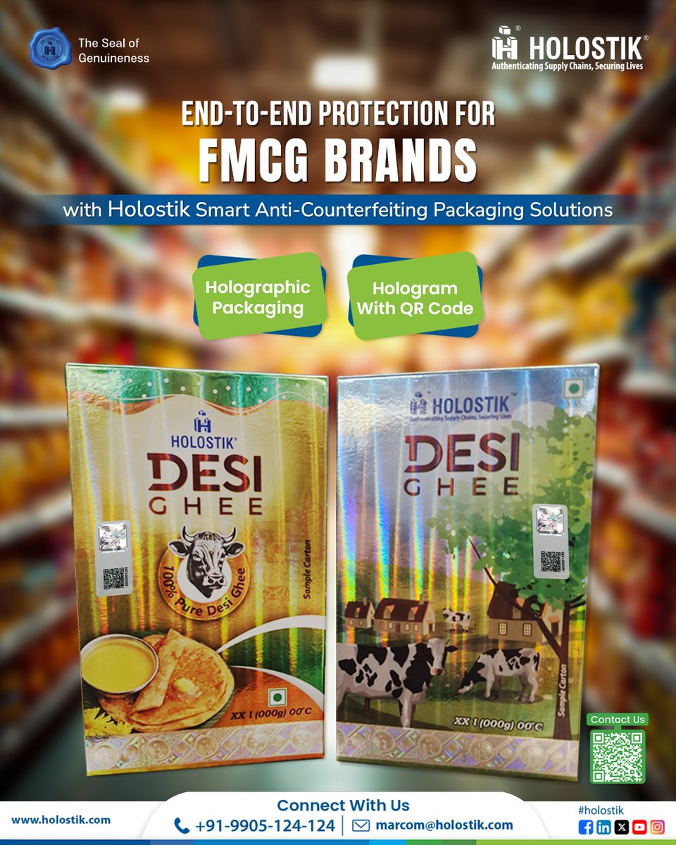 Ghee needs trust. Holostik secures dairy &amp; FMCG packs with holograms, tamper-evident labels, QR authentication and traceability while enhancing shelf appeal.
#PackagingIndustry #BrandProtection