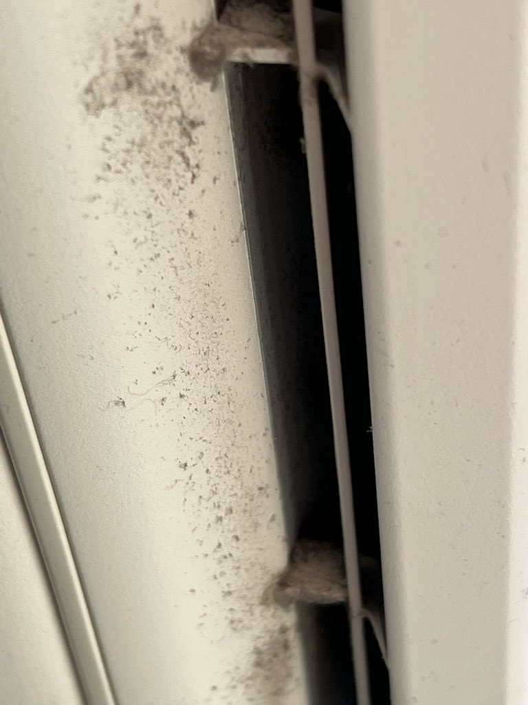 CDS_Singh's tweet photo. #Indigo flight 6E-001 Mumbai London Heathrow: inside air vents are not cleaned or maintained regularly and the dust (&amp; bacteria’s) particles are falling in the air for the passengers to inhale to get infection and breathing problems. See pics https://t.co/oTFgr8CyJG