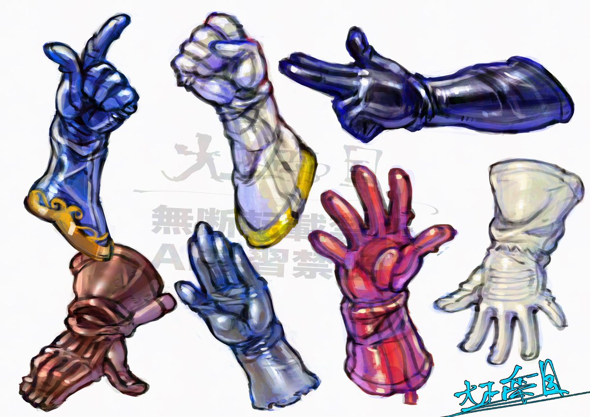 手袋キャラ描くのに実際の手袋収集して描いていますが、理想的な手袋の表現ってまだまだ難しいもんですね…あとお手入れが大変。 