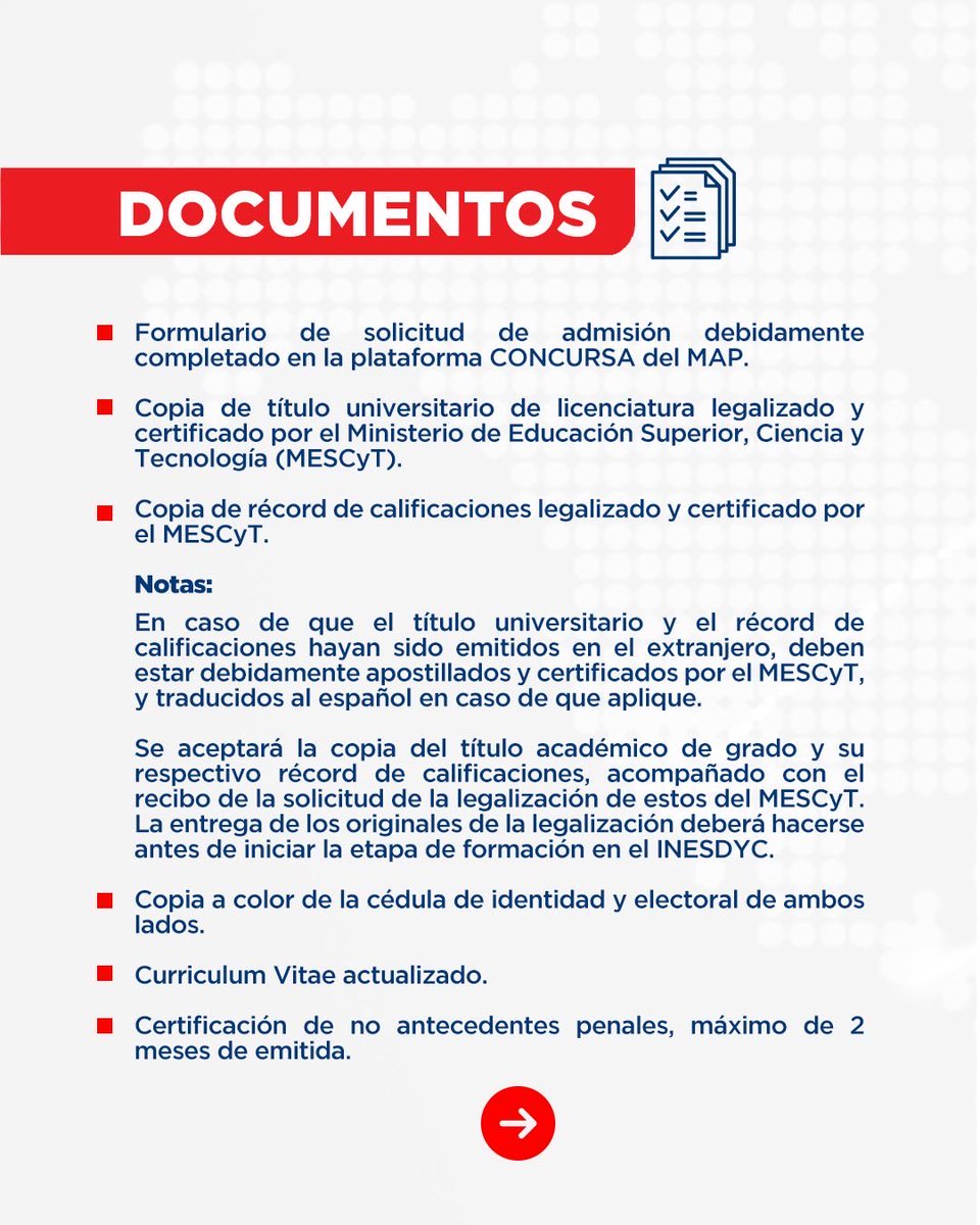 Convocatoria abierta: Carrera Diplomática 2026 🇩🇴

El Ministerio de Relaciones Exteriores de República Dominicana invita a profesionales dominicanos a participar en el Concurso Público para el Ingreso a la Carrera Diplomática.