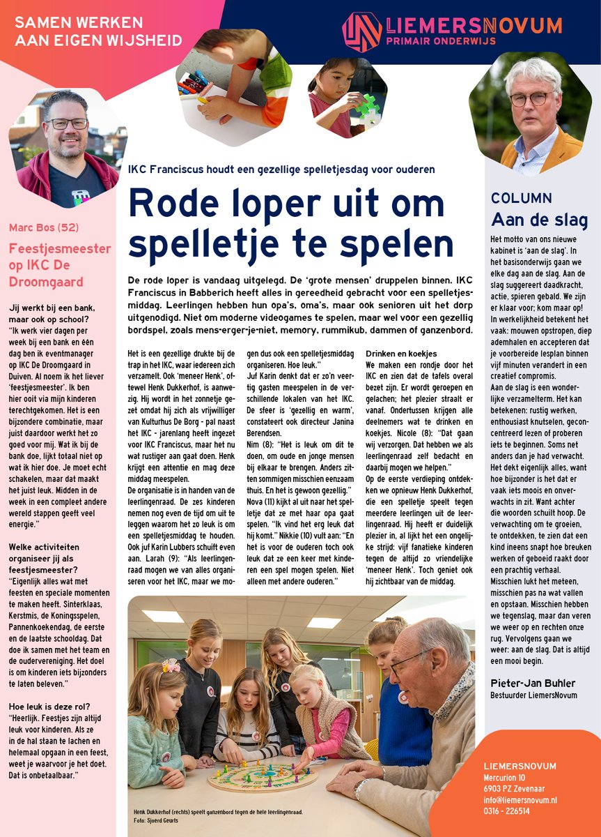 Een 'feestjesmeester' op IKC De Droomgaard in Duiven en IKC Franciscus in Babberich rolt de rode loper uit om spelletjes te spelen met senioren. Lees het in de nieuwsflits. Nu al online, morgen ook in de Duiven Post, Zevenaar Post en Westervoort Post.
#IKC #onderwijs #liemers