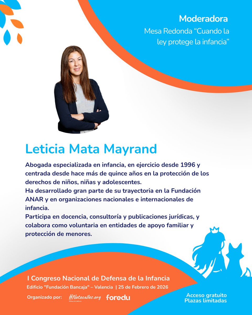 🎤 Moderadora confirmada: Leticia Mata Mayrand

✨ Una mesa redonda clave para entender el papel de la ley en la protección de la infancia.

📅 25 de febrero de 2026 
👉 Inscripción: congresodefensainfancia.com