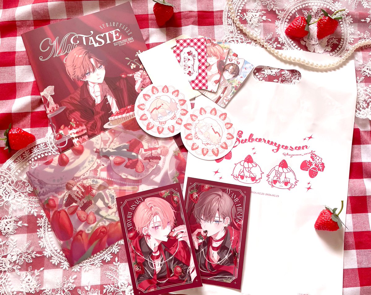 COMITIA155、そうさくマーケットで販売する新刊と新刊セット内のトレカ、クリアファイル、コースター、ニス加工ポストカードたちです🍓新刊セットはオリジナルのショッパーに入れてお渡しします！🍰
全部すごくかわいい出来になりました！
#COMITIA155 #そうさくマーケット