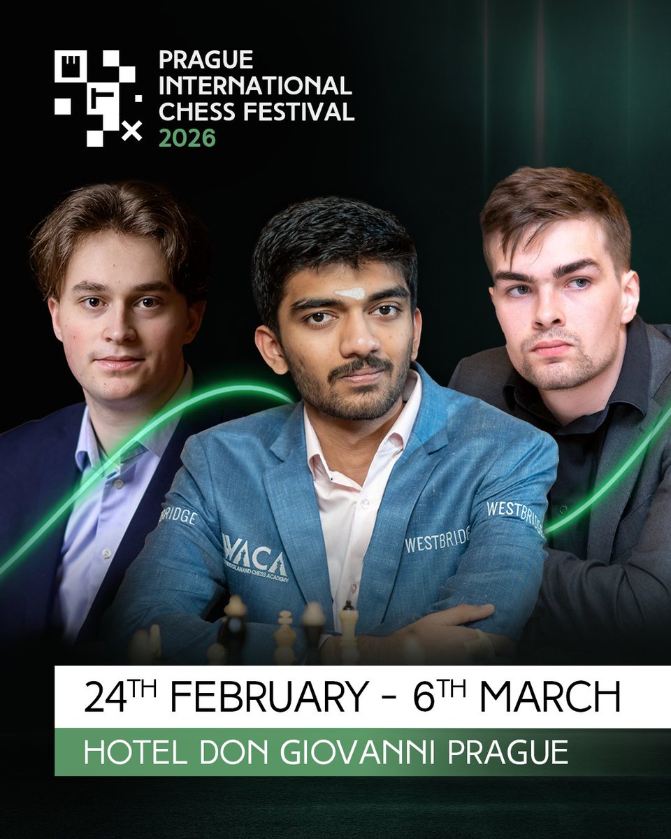 PragueChess's tweet photo. Just one week left! Who will rule Prague this year? ♟️ Drop your pick in the comments 👇
#PICF #PICF2026 #chess https://t.co/18OsD1oU0R