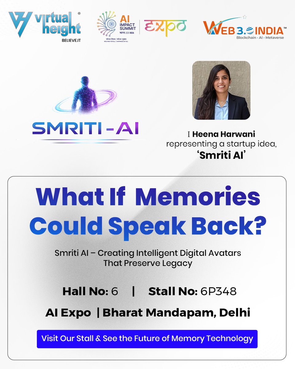 VirtualHeight's tweet photo. What if memories could speak back?
Meet Smriti AI at AI Expo, Bharat Mandapam, Delhi.
π Hall 6 | Stall 6P348
Step into the future of digital legacy.
#SmritiAI #AIExpo #AIIndia #Web3India https://t.co/fMXpkpw6YK