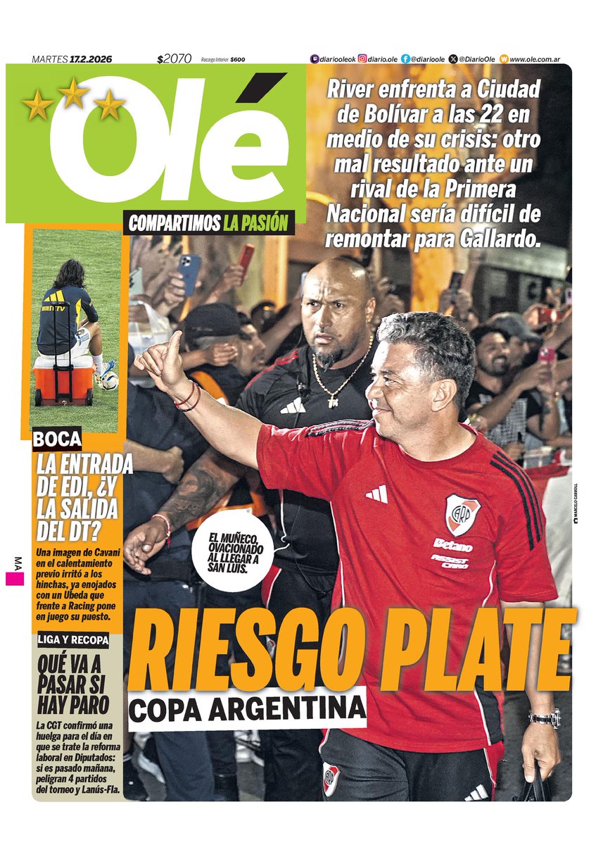 WalterVerst's tweet photo. #BuenDía y #BuenMartes para todos!!!
Te presentamos las portadas de los diarios del #Martes 17/02/2026 #17deFebrero #17FEB2026 #17F.
#Superdeportivo
#DiarioOlé https://t.co/E2PAvigqut