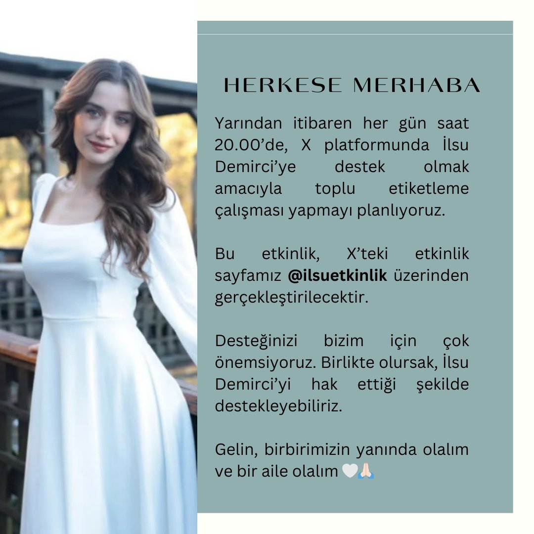 ilsuetkinlik's tweet photo. Sevgili İlsu Demirci ailesi 💚
Güzel İlsu Demirci ve onun karakteri Mercan Karahan’ı destekleme zamanı geldi.
Yarından itibaren ve her gün saat 20.00’de TT etkinliğine başlıyoruz.
Hadi sevgimizi ve desteğimizi gösterelim!
Güzel desteğinizi bekliyoruz 🙏🏻💐

#İlsuDemirci #Arafta https://t.co/dhtFulJm6l