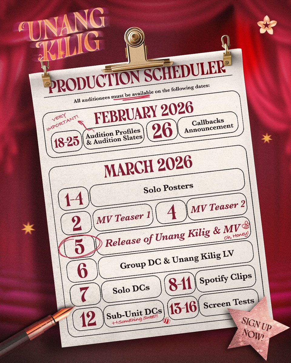 BINI_ph's tweet photo. 🎬 NOW CASTING: Mga handang kiligin 💖

Project: Unang Kilig
Call time: 9PM PHT | March 5, 2026 💌✨
Are you available for the whole duration of the production?

Mark your calendars. This is your cue.

Pre-save “Unang Kilig” now:
🔗 https://t.co/JbApFBmurO

#BINI #BINI_UnangKilig https://t.co/sX9vcJs242