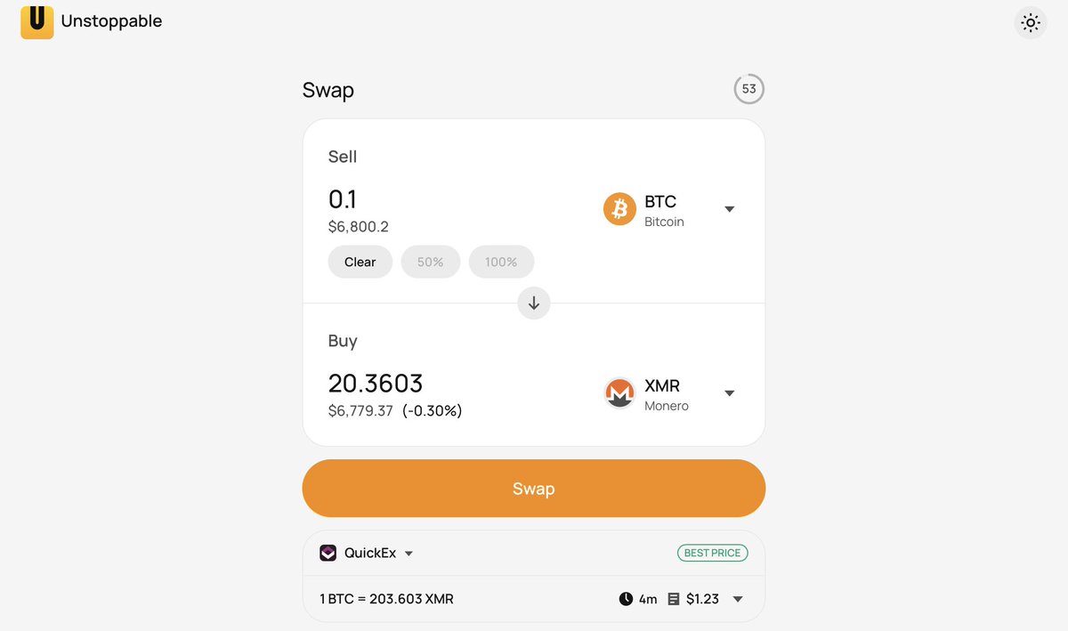 swap crypto for privacy coins like Monero on Unstoppable