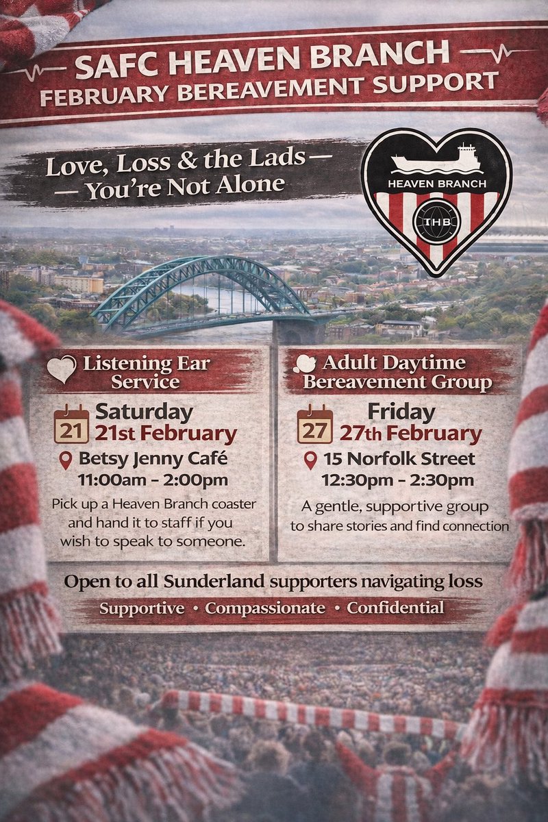 Heaven Branch Support available for the remainder of this month
Listening ear -Betsy Jenny cafe &amp; bereavement group facilitated by Neurokind Counselling Therapies
Kind donations mean we can get the best support for the best fans in 3 ways – Listening ear
Group ( am/pm)
1 to-1