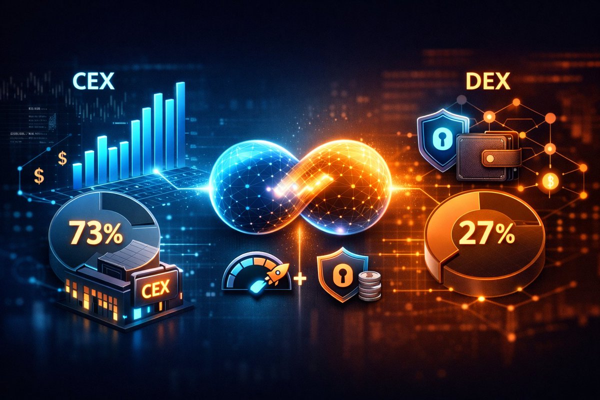📊 In 2025, DEX volume reached ~27% of CEX volume ($877B vs $3.9T) — a record DEX/CEX ratio.

🛡️ At the same time, over 40% of new users prefer self-custody wallets.

The market doesn’t want CEX or DEX. It wants both.

Hybrid exchanges unlock that power.

#Crypto #DeFi #Web3