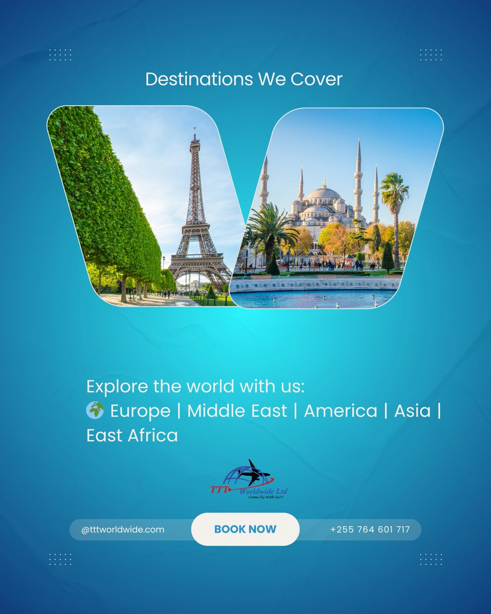TTTWorldwide's tweet photo. Welcome to TTT Worldwide 🇹🇿
We are your trusted travel partner, offering complete travel services including flight bookings, hotel reservations, airport transfers, and guided tours.
Feel free to contact us on WhatsApp: +255 764 601 717
#Holidaytrip #TravelAgency https://t.co/V2ZGafnY6Z