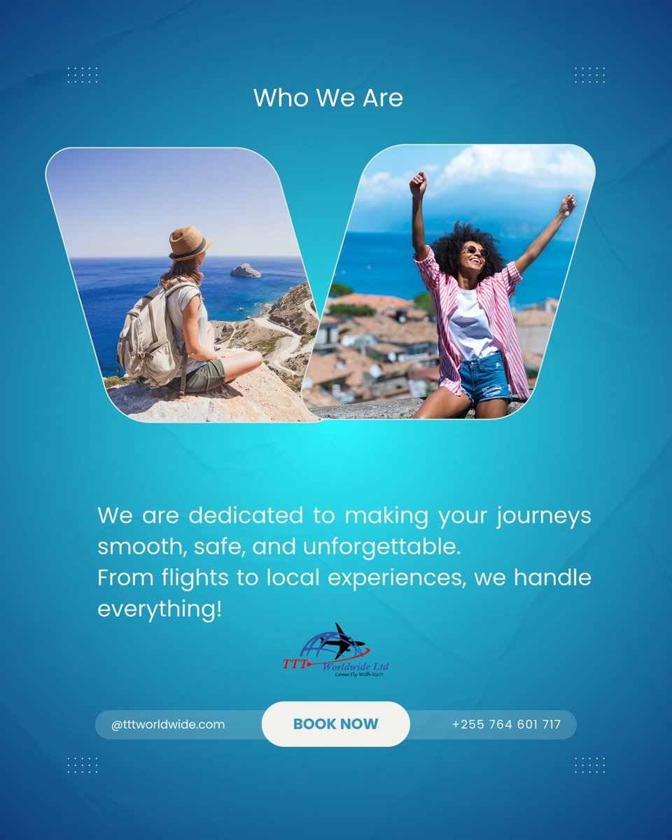 TTTWorldwide's tweet photo. Welcome to TTT Worldwide 🇹🇿
We are your trusted travel partner, offering complete travel services including flight bookings, hotel reservations, airport transfers, and guided tours.
Feel free to contact us on WhatsApp: +255 764 601 717
#Holidaytrip #TravelAgency https://t.co/V2ZGafnY6Z