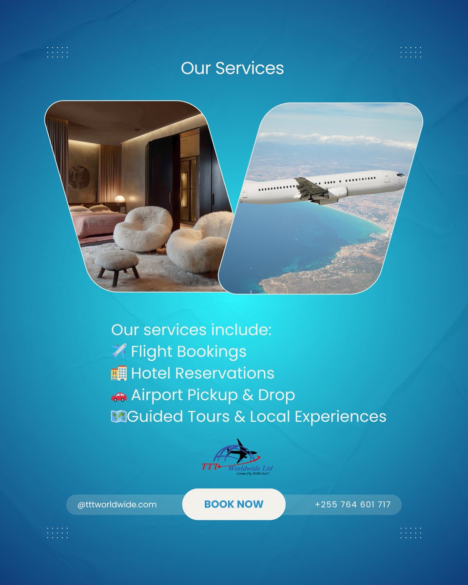 TTTWorldwide's tweet photo. Welcome to TTT Worldwide 🇹🇿
We are your trusted travel partner, offering complete travel services including flight bookings, hotel reservations, airport transfers, and guided tours.
Feel free to contact us on WhatsApp: +255 764 601 717
#Holidaytrip #TravelAgency https://t.co/V2ZGafnY6Z