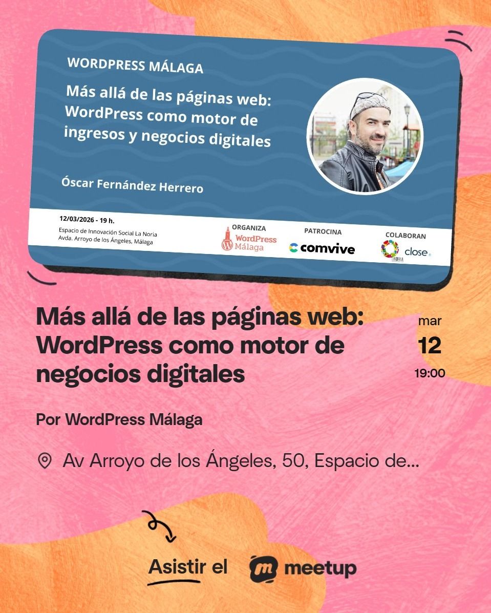 WordPress no es solo hacer webs.
Es crear negocios. 💡

En la próxima #WordPressMalaga hablamos de cómo generar ingresos reales con WordPress con Óscar Fernández Herrero.

📅 12 marzo · 19:00
📍 La Noria, Málaga

Patrocina <a href="/comvive/">Comvive</a>

meetup.com/es-es/wordpres…