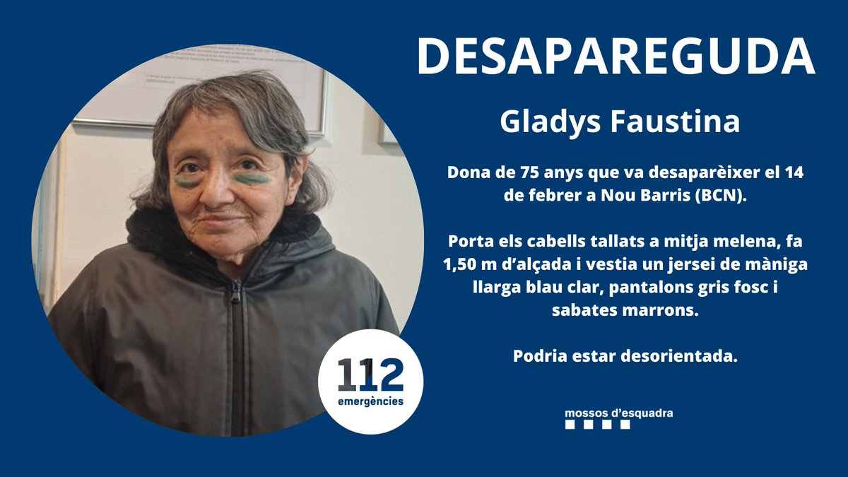 La Gladys Faustina va desaparèixer el 14 de febrer a Nou Barris (BCN). Ajuda'ns a trobar-la.